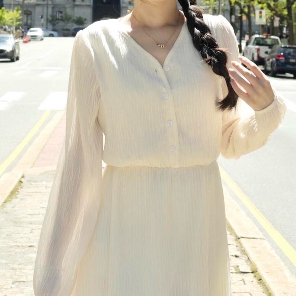 Elegant Cream Long-Sleeve Dress